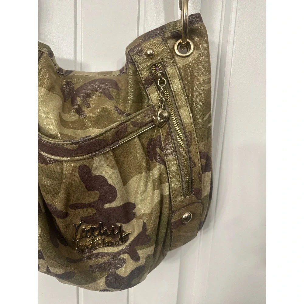 Kathy Van Zeeland Metallic Camouflage Hobo Bag Gold Green Camo Y2K Heart Charm